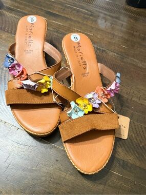 Maricelli Tan Leather Slide Sandals with Multicolor Floral Trim
